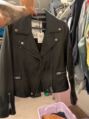 Coach Black Leather Moto Jacket with Silver Hardware